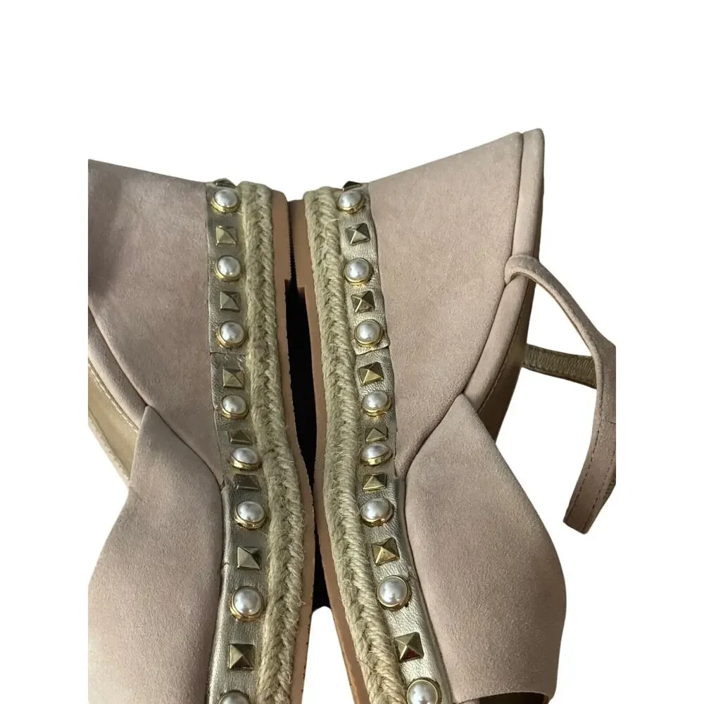 Lilly Pulitzer Hadley Espadrille Wedge Sandals Womens US 9 Beige Pearl Studded
